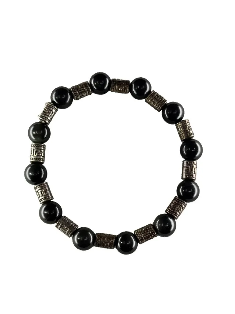 8mm Natural Black Obsidian Stretch Beaded Bracelet Silver Alloy Spacer Charm